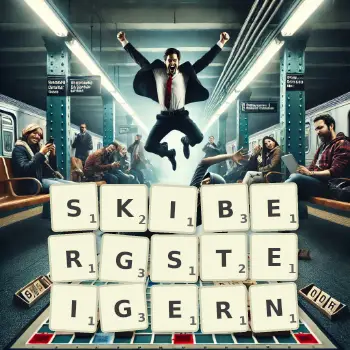 Kreative Illustration für ein Scrabble-Spiel, bei dem das Wort SKIBERGSTEIGERN mit Steinen auf dem Brett gelegt wurde.