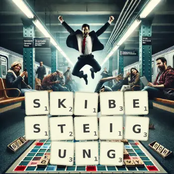 Kreative Illustration für ein Scrabble-Spiel, bei dem das Wort SKIBESTEIGUNG mit Steinen auf dem Brett gelegt wurde.