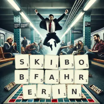 Kreative Illustration für ein Scrabble-Spiel, bei dem das Wort SKIBOBFAHRERIN mit Steinen auf dem Brett gelegt wurde.