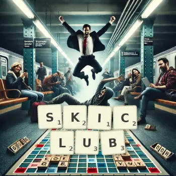 Kreative Illustration für ein Scrabble-Spiel, bei dem das Wort SKICLUB mit Steinen auf dem Brett gelegt wurde.