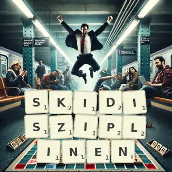 Kreative Illustration für ein Scrabble-Spiel, bei dem das Wort SKIDISZIPLINEN mit Steinen auf dem Brett gelegt wurde.