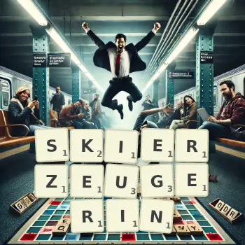 Kreative Illustration für ein Scrabble-Spiel, bei dem das Wort SKIERZEUGERIN mit Steinen auf dem Brett gelegt wurde.