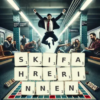 Kreative Illustration für ein Scrabble-Spiel, bei dem das Wort SKIFAHRERINNEN mit Steinen auf dem Brett gelegt wurde.