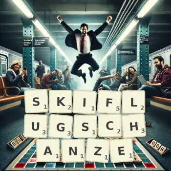 Kreative Illustration für ein Scrabble-Spiel, bei dem das Wort SKIFLUGSCHANZE mit Steinen auf dem Brett gelegt wurde.