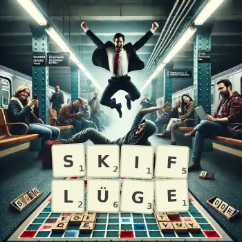 Kreative Illustration für ein Scrabble-Spiel, bei dem das Wort SKIFLÜGE mit Steinen auf dem Brett gelegt wurde.