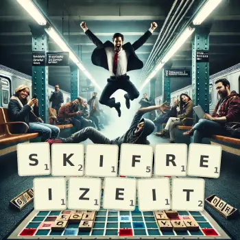 Kreative Illustration für ein Scrabble-Spiel, bei dem das Wort SKIFREIZEIT mit Steinen auf dem Brett gelegt wurde.