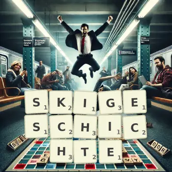 Kreative Illustration für ein Scrabble-Spiel, bei dem das Wort SKIGESCHICHTE mit Steinen auf dem Brett gelegt wurde.