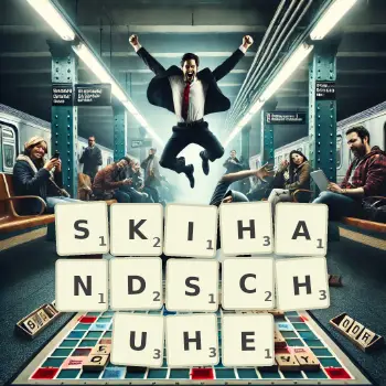 Kreative Illustration für ein Scrabble-Spiel, bei dem das Wort SKIHANDSCHUHE mit Steinen auf dem Brett gelegt wurde.