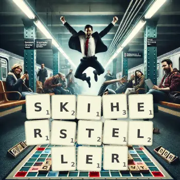 Kreative Illustration für ein Scrabble-Spiel, bei dem das Wort SKIHERSTELLER mit Steinen auf dem Brett gelegt wurde.