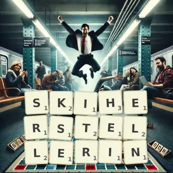 Kreative Illustration für ein Scrabble-Spiel, bei dem das Wort SKIHERSTELLERIN mit Steinen auf dem Brett gelegt wurde.