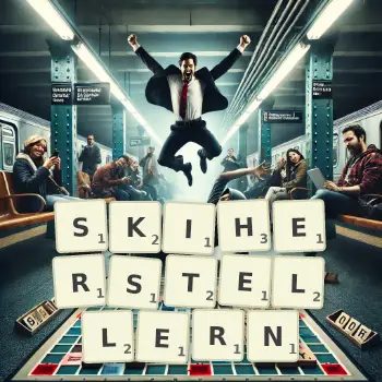 Kreative Illustration für ein Scrabble-Spiel, bei dem das Wort SKIHERSTELLERN mit Steinen auf dem Brett gelegt wurde.