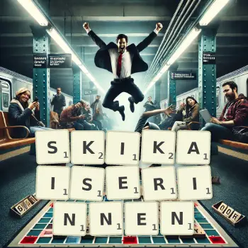 Kreative Illustration für ein Scrabble-Spiel, bei dem das Wort SKIKAISERINNEN mit Steinen auf dem Brett gelegt wurde.