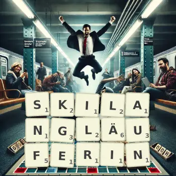 Kreative Illustration für ein Scrabble-Spiel, bei dem das Wort SKILANGLÄUFERIN mit Steinen auf dem Brett gelegt wurde.