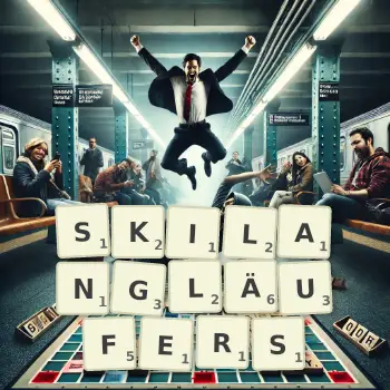 Kreative Illustration für ein Scrabble-Spiel, bei dem das Wort SKILANGLÄUFERS mit Steinen auf dem Brett gelegt wurde.