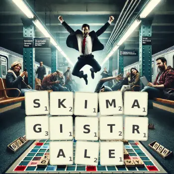 Kreative Illustration für ein Scrabble-Spiel, bei dem das Wort SKIMAGISTRALE mit Steinen auf dem Brett gelegt wurde.