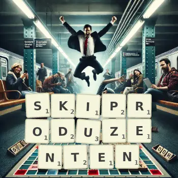Kreative Illustration für ein Scrabble-Spiel, bei dem das Wort SKIPRODUZENTEN mit Steinen auf dem Brett gelegt wurde.