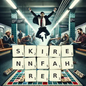 Kreative Illustration für ein Scrabble-Spiel, bei dem das Wort SKIRENNFAHRER mit Steinen auf dem Brett gelegt wurde.