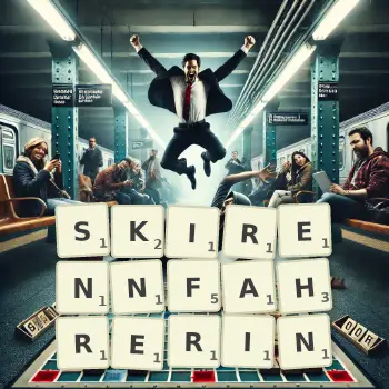 Kreative Illustration für ein Scrabble-Spiel, bei dem das Wort SKIRENNFAHRERIN mit Steinen auf dem Brett gelegt wurde.