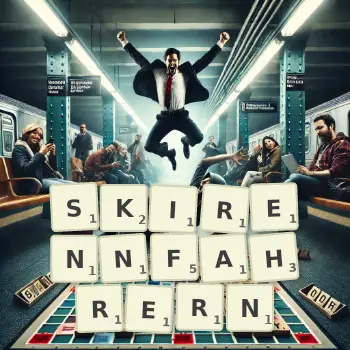 Kreative Illustration für ein Scrabble-Spiel, bei dem das Wort SKIRENNFAHRERN mit Steinen auf dem Brett gelegt wurde.