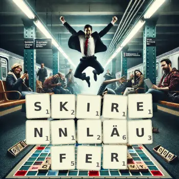 Kreative Illustration für ein Scrabble-Spiel, bei dem das Wort SKIRENNLÄUFER mit Steinen auf dem Brett gelegt wurde.