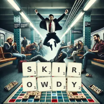 Kreative Illustration für ein Scrabble-Spiel, bei dem das Wort SKIROWDY mit Steinen auf dem Brett gelegt wurde.