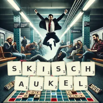 Kreative Illustration für ein Scrabble-Spiel, bei dem das Wort SKISCHAUKEL mit Steinen auf dem Brett gelegt wurde.
