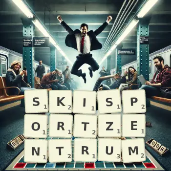 Kreative Illustration für ein Scrabble-Spiel, bei dem das Wort SKISPORTZENTRUM mit Steinen auf dem Brett gelegt wurde.