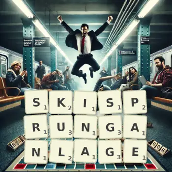 Kreative Illustration für ein Scrabble-Spiel, bei dem das Wort SKISPRUNGANLAGE mit Steinen auf dem Brett gelegt wurde.