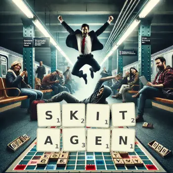 Kreative Illustration für ein Scrabble-Spiel, bei dem das Wort SKITAGEN mit Steinen auf dem Brett gelegt wurde.