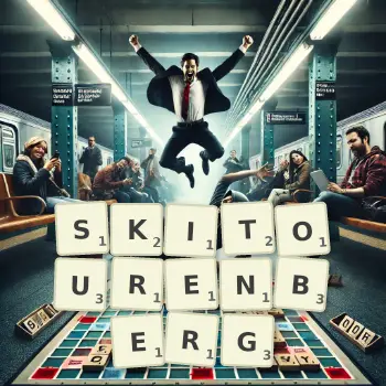 Kreative Illustration für ein Scrabble-Spiel, bei dem das Wort SKITOURENBERG mit Steinen auf dem Brett gelegt wurde.