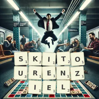 Kreative Illustration für ein Scrabble-Spiel, bei dem das Wort SKITOURENZIEL mit Steinen auf dem Brett gelegt wurde.