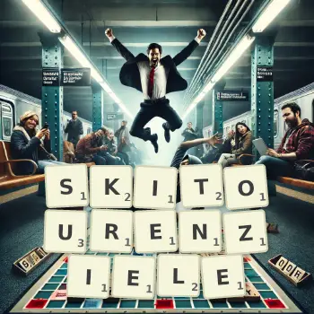 Kreative Illustration für ein Scrabble-Spiel, bei dem das Wort SKITOURENZIELE mit Steinen auf dem Brett gelegt wurde.