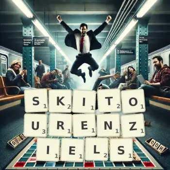 Kreative Illustration für ein Scrabble-Spiel, bei dem das Wort SKITOURENZIELS mit Steinen auf dem Brett gelegt wurde.
