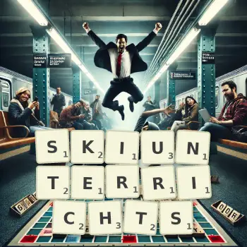 Kreative Illustration für ein Scrabble-Spiel, bei dem das Wort SKIUNTERRICHTS mit Steinen auf dem Brett gelegt wurde.