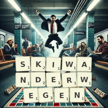 Kreative Illustration für ein Scrabble-Spiel, bei dem das Wort SKIWANDERWEGEN mit Steinen auf dem Brett gelegt wurde.