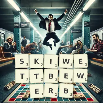Kreative Illustration für ein Scrabble-Spiel, bei dem das Wort SKIWETTBEWERB mit Steinen auf dem Brett gelegt wurde.