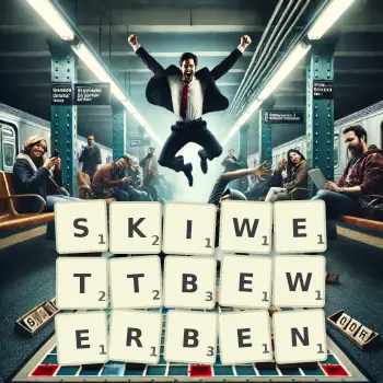 Kreative Illustration für ein Scrabble-Spiel, bei dem das Wort SKIWETTBEWERBEN mit Steinen auf dem Brett gelegt wurde.