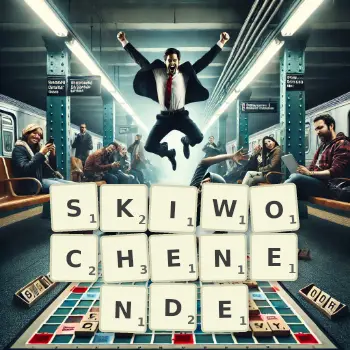 Kreative Illustration für ein Scrabble-Spiel, bei dem das Wort SKIWOCHENENDE mit Steinen auf dem Brett gelegt wurde.