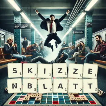 Kreative Illustration für ein Scrabble-Spiel, bei dem das Wort SKIZZENBLATT mit Steinen auf dem Brett gelegt wurde.