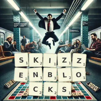 Kreative Illustration für ein Scrabble-Spiel, bei dem das Wort SKIZZENBLOCKS mit Steinen auf dem Brett gelegt wurde.