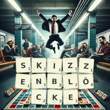 Kreative Illustration für ein Scrabble-Spiel, bei dem das Wort SKIZZENBLÖCKE mit Steinen auf dem Brett gelegt wurde.