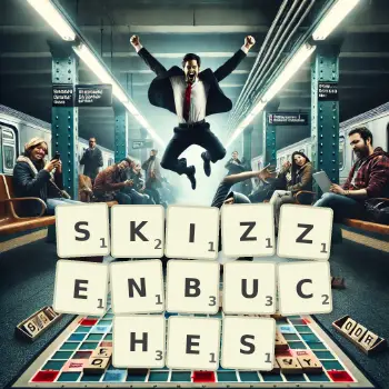 Kreative Illustration für ein Scrabble-Spiel, bei dem das Wort SKIZZENBUCHES mit Steinen auf dem Brett gelegt wurde.