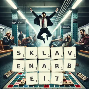 Kreative Illustration für ein Scrabble-Spiel, bei dem das Wort SKLAVENARBEIT mit Steinen auf dem Brett gelegt wurde.