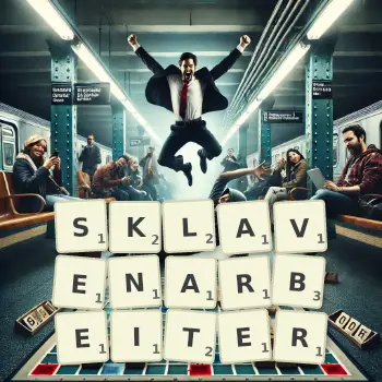 Kreative Illustration für ein Scrabble-Spiel, bei dem das Wort SKLAVENARBEITER mit Steinen auf dem Brett gelegt wurde.