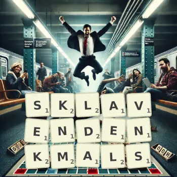 Kreative Illustration für ein Scrabble-Spiel, bei dem das Wort SKLAVENDENKMALS mit Steinen auf dem Brett gelegt wurde.