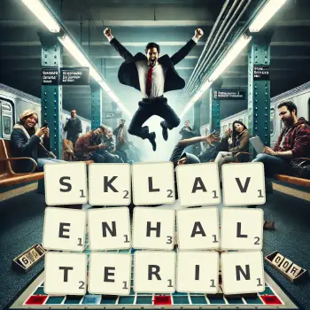 Kreative Illustration für ein Scrabble-Spiel, bei dem das Wort SKLAVENHALTERIN mit Steinen auf dem Brett gelegt wurde.