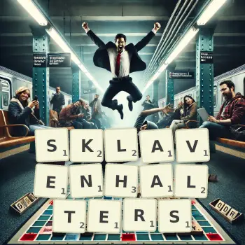 Kreative Illustration für ein Scrabble-Spiel, bei dem das Wort SKLAVENHALTERS mit Steinen auf dem Brett gelegt wurde.