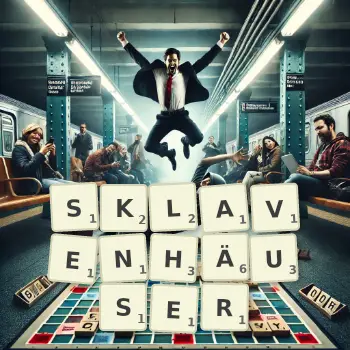 Kreative Illustration für ein Scrabble-Spiel, bei dem das Wort SKLAVENHÄUSER mit Steinen auf dem Brett gelegt wurde.