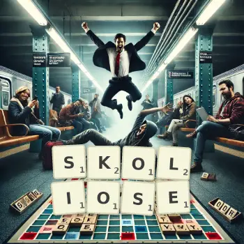 Kreative Illustration für ein Scrabble-Spiel, bei dem das Wort SKOLIOSE mit Steinen auf dem Brett gelegt wurde.