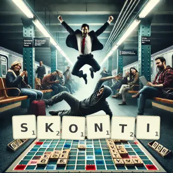 Kreative Illustration für ein Scrabble-Spiel, bei dem das Wort SKONTI mit Steinen auf dem Brett gelegt wurde.